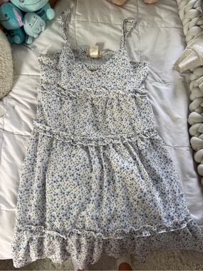 Altar'd State White Floral Ruffle Sundress with Blue Print